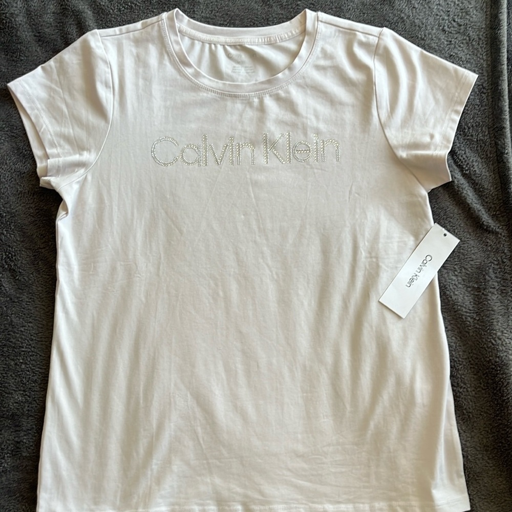 Calvin Klein Pink Shirt Womens Medium Rhinestone Logo Short Sleeve Ladies.